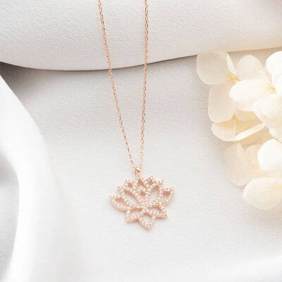 Vaoov 925 Ayar Gümüş Taşlı Lotus Çiçeği Kolye - 4