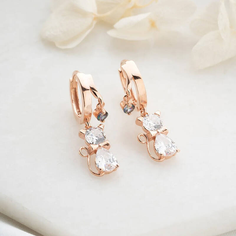 Vaoov 925 Ayar Gümüş Taşlı Papyonlu Kedi Küpe - 2