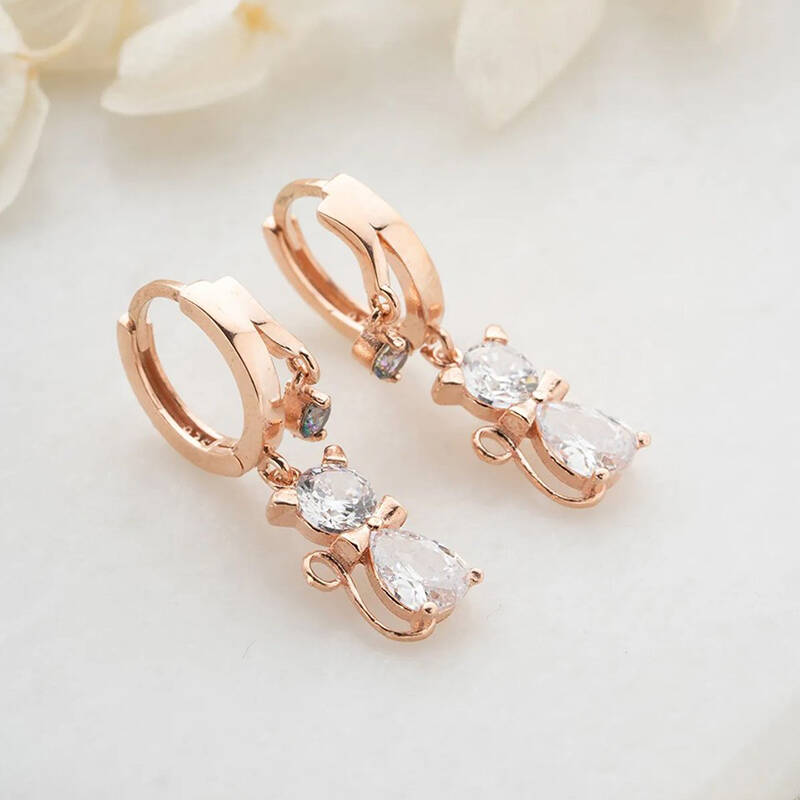 Vaoov 925 Ayar Gümüş Taşlı Papyonlu Kedi Küpe - 4