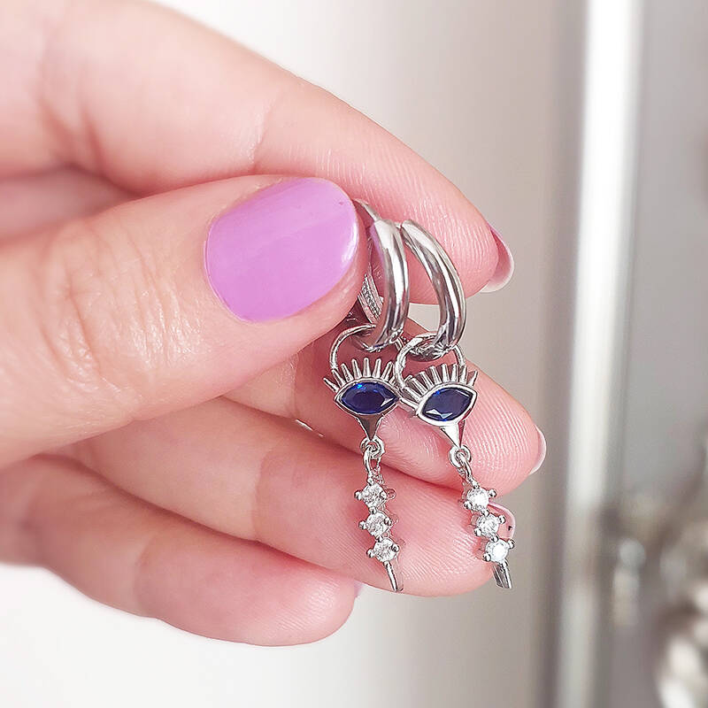 Vaoov 925 Ayar Gümüş Taşlı Rodyumlu Göz Nazar Küpe - 2