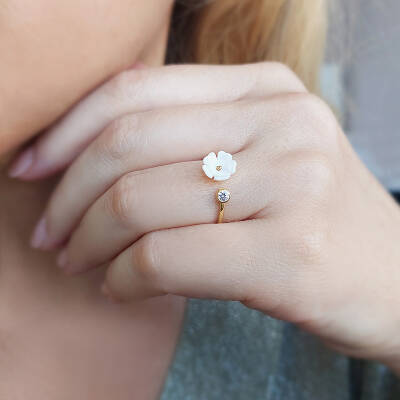 Vaoov 925 Ayar Gümüş Taşlı Sedef Çiçekli Yüzük   - 3