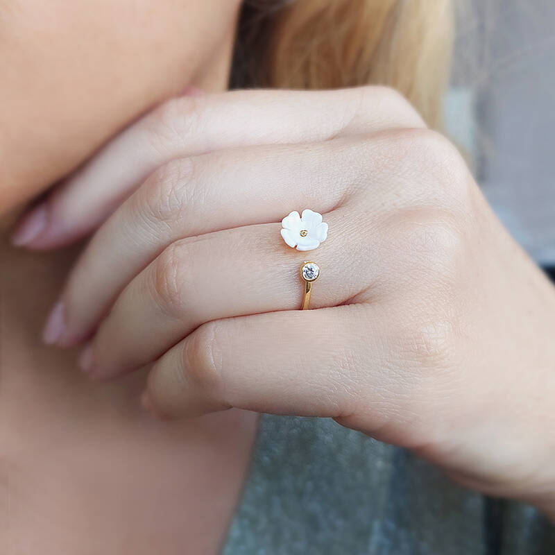 Vaoov 925 Ayar Gümüş Taşlı Sedef Çiçekli Yüzük   - 3