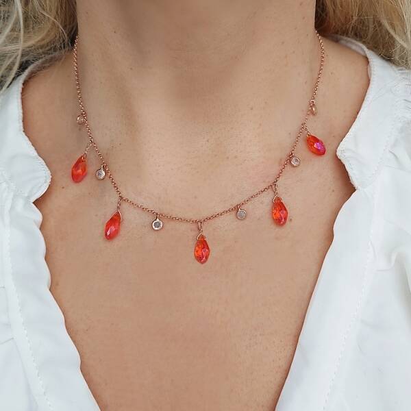 Vaoov 925 Ayar Gümüş Turuncu Kristal Taşlı Kolye - 1