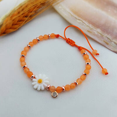 Vaoov 925 Ayar Gümüş Turuncu Kuvars Taşlı Papatya Bileklik - 2