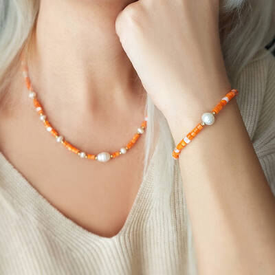 Vaoov 925 Ayar Gümüş Turuncu Sedef Taşlı İncili Bileklik - 2