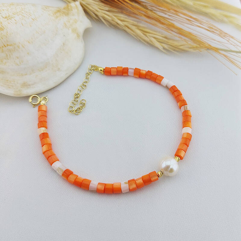 Vaoov 925 Ayar Gümüş Turuncu Sedef Taşlı İncili Bileklik - 3