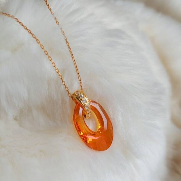 Vaoov 925 Ayar Gümüş Turuncu Swarovski Taşlı Kolye - 2