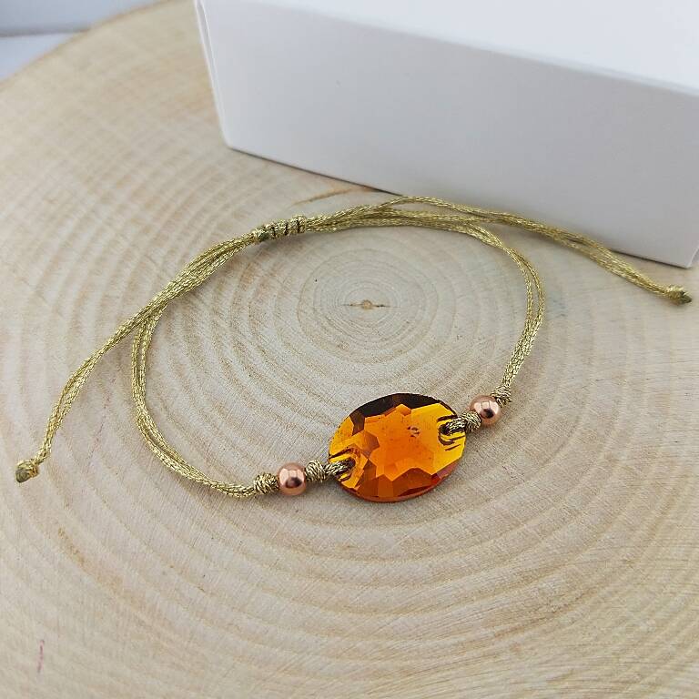 Vaoov 925 Ayar Gümüş Turuncu Taşlı İpli Bileklik    - 2