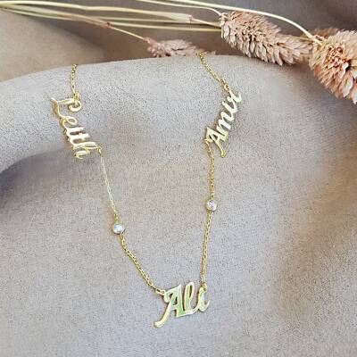 Vaoov 925 Ayar Gümüş Üç İsimli Taşlı Kolye - 2