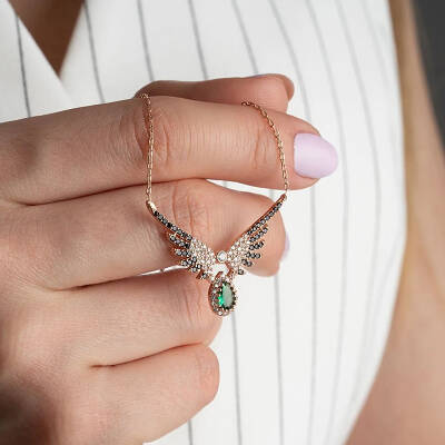 Vaoov 925 Ayar Gümüş Yeşil Damla Taşlı Melek Kanadı Kolye