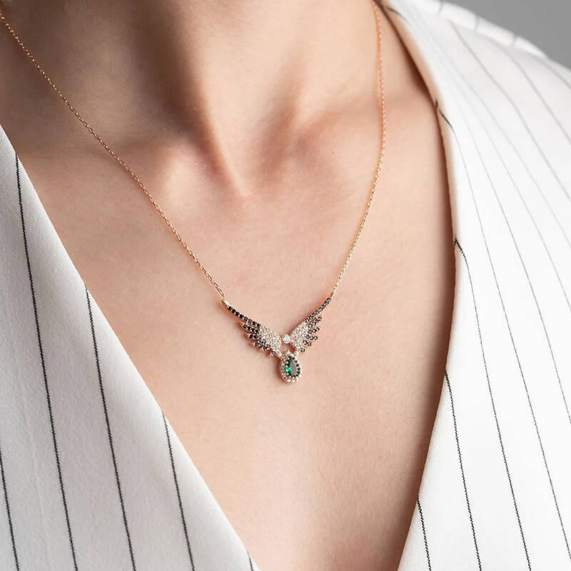 Vaoov 925 Ayar Gümüş Yeşil Damla Taşlı Melek Kanadı Kolye - 2