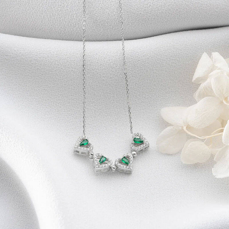 Vaoov 925 Ayar Gümüş Yeşil Taşlı Açılan Yonca Kolye - 2