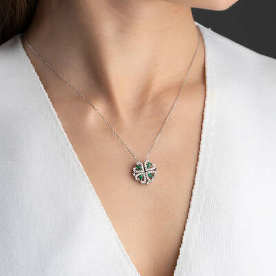 Vaoov 925 Ayar Gümüş Yeşil Taşlı Açılan Yonca Kolye - 3