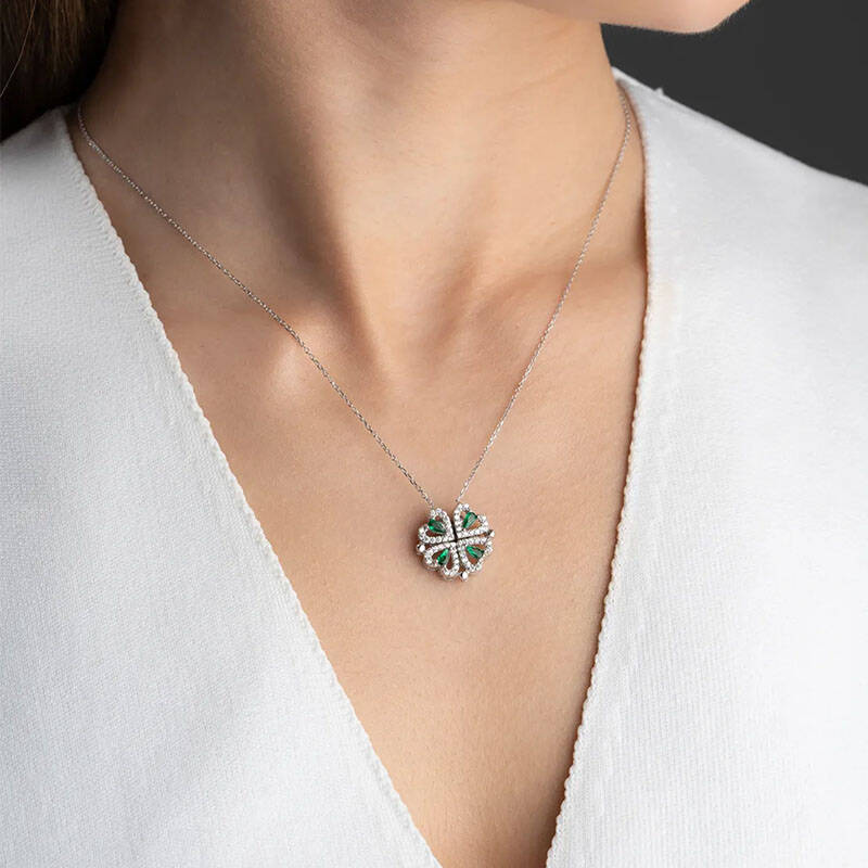 Vaoov 925 Ayar Gümüş Yeşil Taşlı Açılan Yonca Kolye - 3