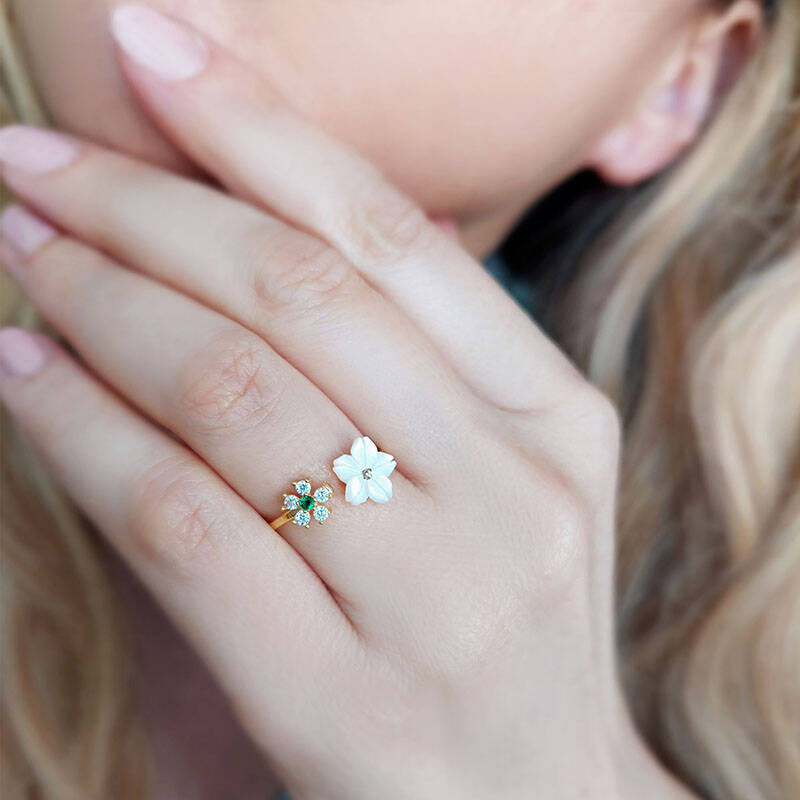 Vaoov 925 Ayar Gümüş Yeşil Taşlı Sedef Çiçekli Yüzük - 1