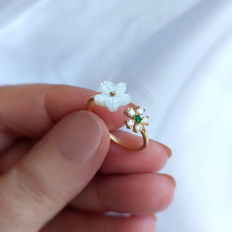 Vaoov 925 Ayar Gümüş Yeşil Taşlı Sedef Çiçekli Yüzük - 2