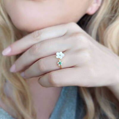 Vaoov 925 Ayar Gümüş Yeşil Taşlı Sedef Çiçekli Yüzük - 3