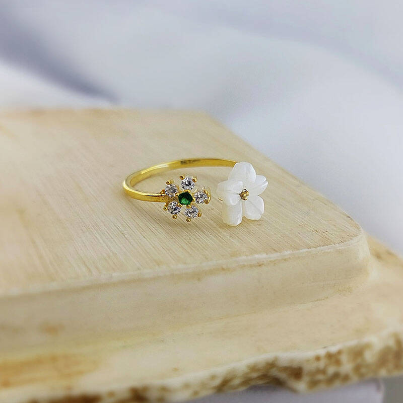 Vaoov 925 Ayar Gümüş Yeşil Taşlı Sedef Çiçekli Yüzük - 4