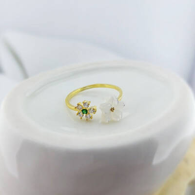 Vaoov 925 Ayar Gümüş Yeşil Taşlı Sedef Çiçekli Yüzük - 5