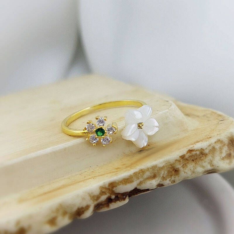 Vaoov 925 Ayar Gümüş Yeşil Taşlı Sedef Çiçekli Yüzük - 6