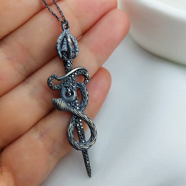 Vaoov 925 Ayar Gümüş Yılanlı Kılıç Kolye - 2