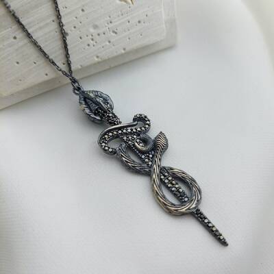 Vaoov 925 Ayar Gümüş Yılanlı Kılıç Kolye - 3