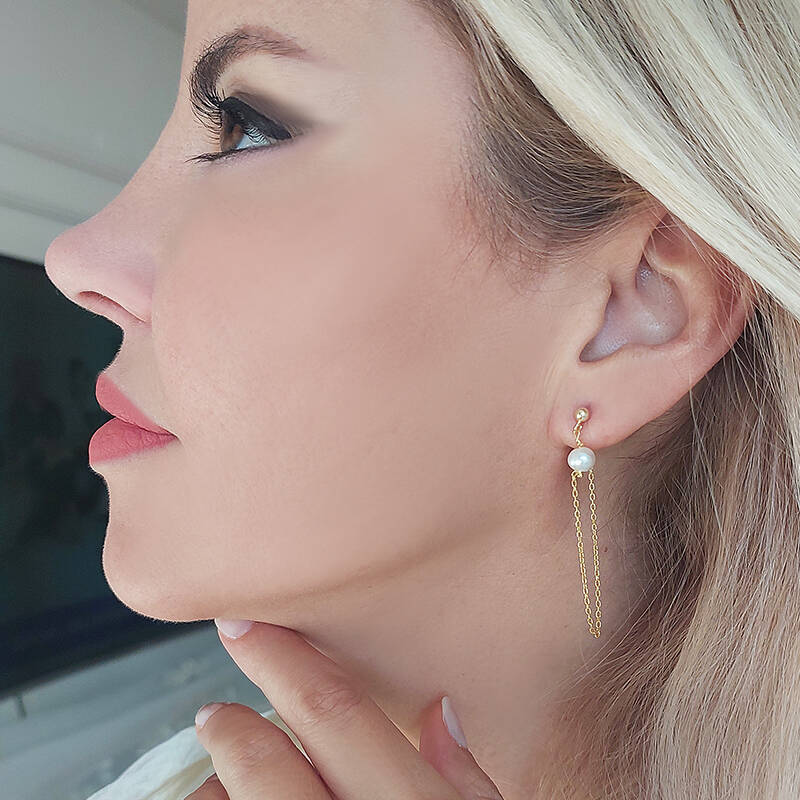 Vaoov 925 Ayar Gümüş Zincir Sallantılı İnci Küpe - 1