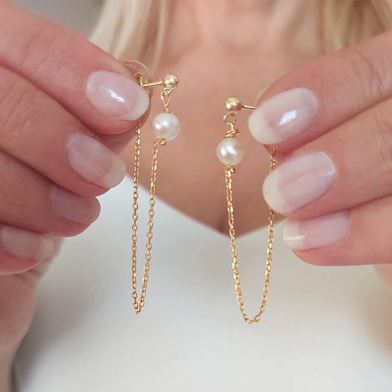 Vaoov 925 Ayar Gümüş Zincir Sallantılı İnci Küpe - 2