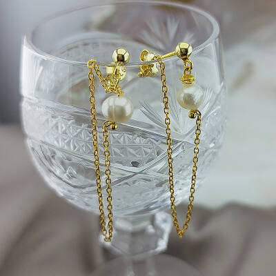 Vaoov 925 Ayar Gümüş Zincir Sallantılı İnci Küpe - 3