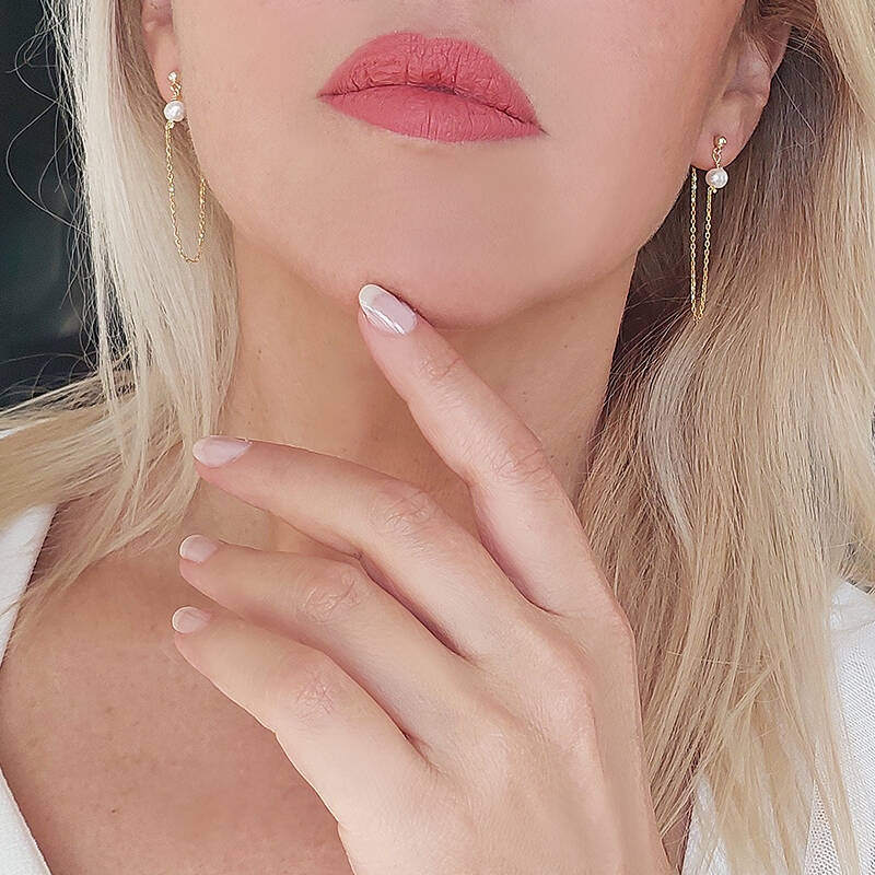 Vaoov 925 Ayar Gümüş Zincir Sallantılı İnci Küpe - 4