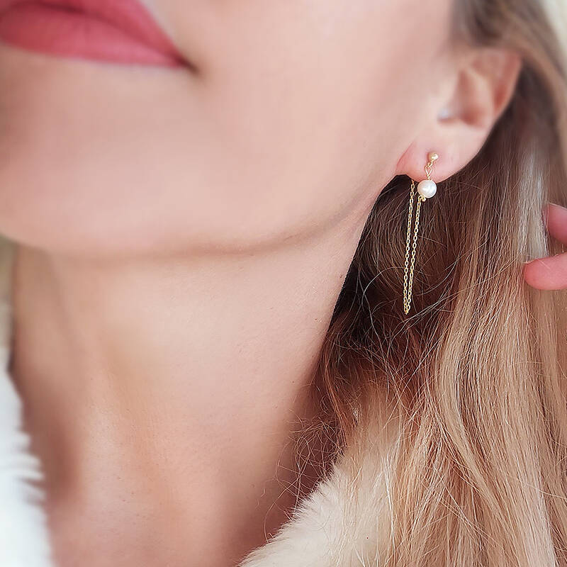 Vaoov 925 Ayar Gümüş Zincir Sallantılı İnci Küpe - 6