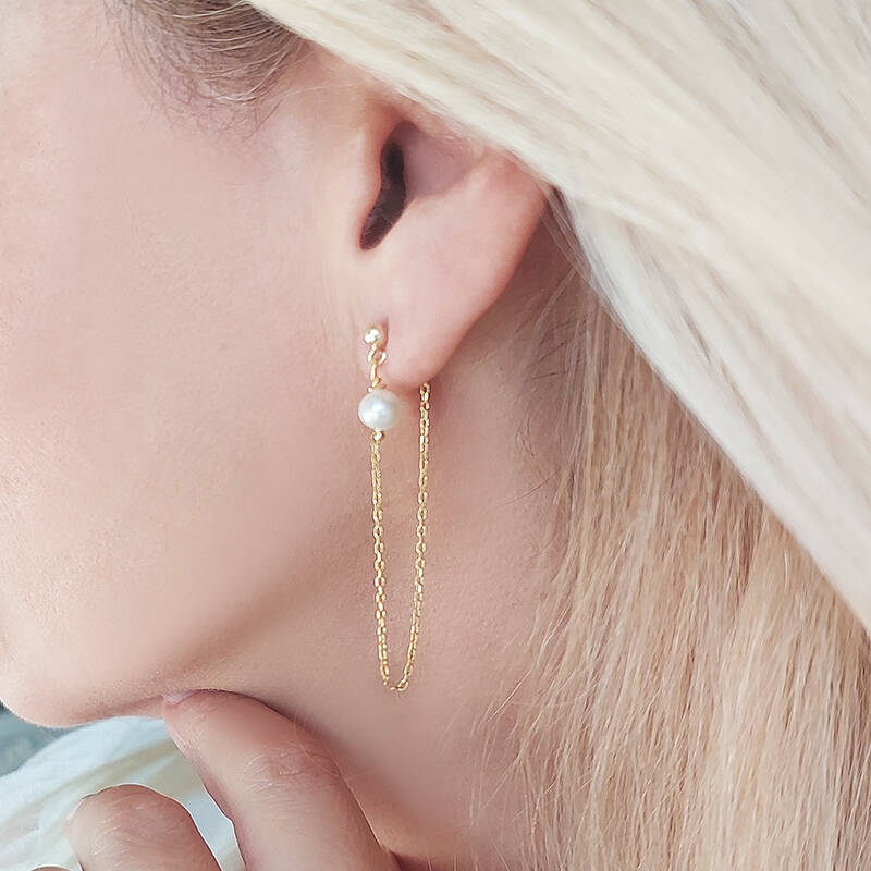 Vaoov 925 Ayar Gümüş Zincir Sallantılı İnci Küpe - 7