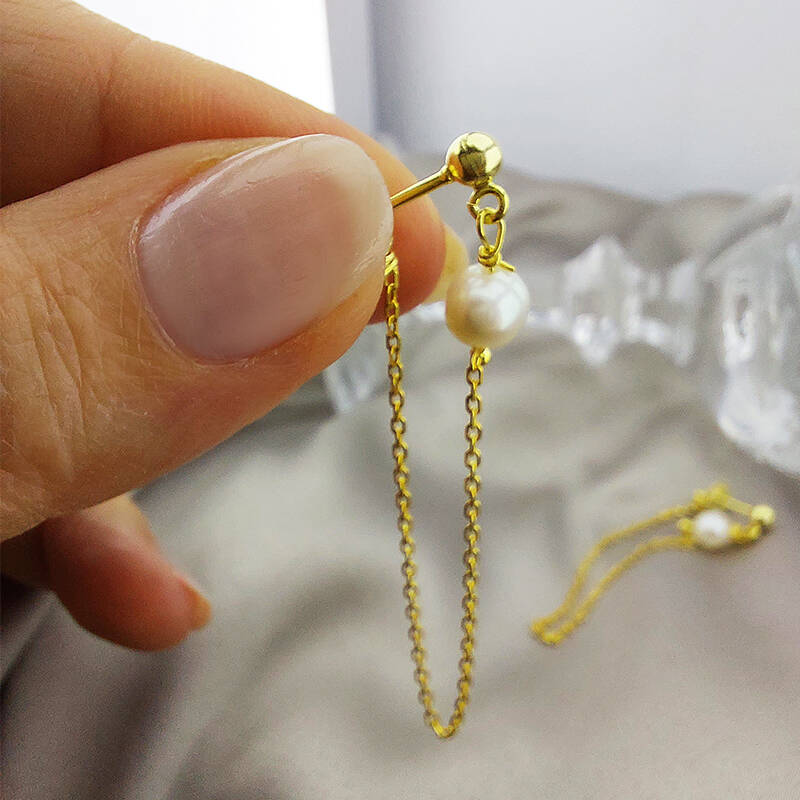 Vaoov 925 Ayar Gümüş Zincir Sallantılı İnci Küpe - 8