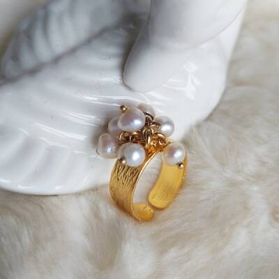 Vaoov Altın Kaplama Sallantılı İnci Yüzük - 3