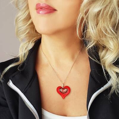 Vaoov El Yapımı Murano Camı Kalp Gümüş Kolye  - 2