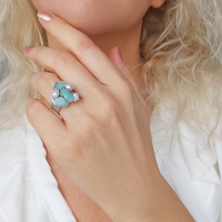 Vaoov Gümüş Kaplama Amazonit ve İnci Yüzük  - 1