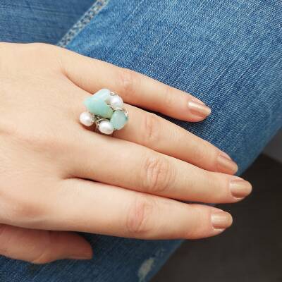 Vaoov Gümüş Kaplama Amazonit ve İnci Yüzük  - 2