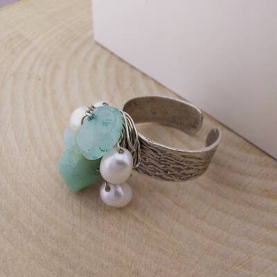 Vaoov Gümüş Kaplama Amazonit ve İnci Yüzük  - 3
