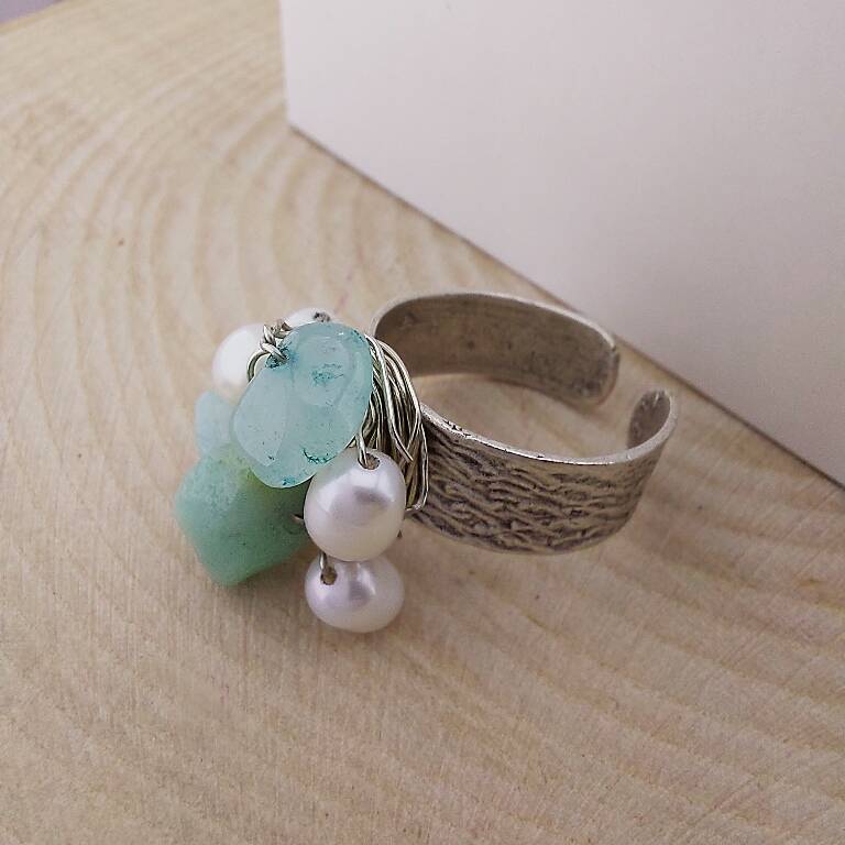 Vaoov Gümüş Kaplama Amazonit ve İnci Yüzük  - 3