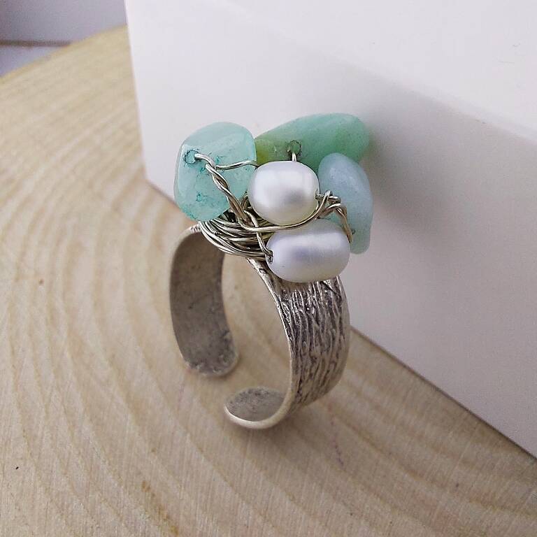 Vaoov Gümüş Kaplama Amazonit ve İnci Yüzük  - 4