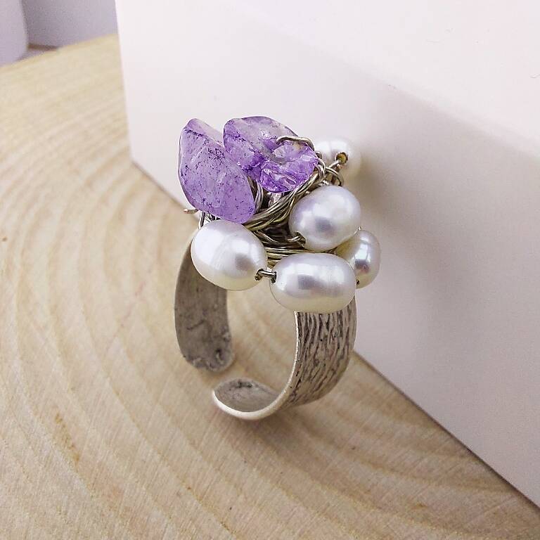 Vaoov Gümüş Kaplama Ametist ve İnci Yüzük - 2