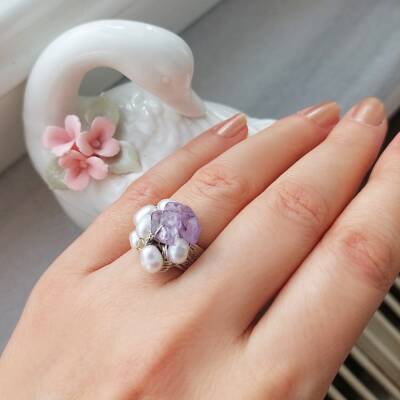 Vaoov Gümüş Kaplama Ametist ve İnci Yüzük - 3