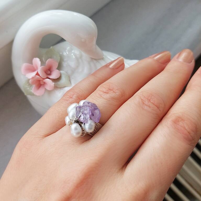 Vaoov Gümüş Kaplama Ametist ve İnci Yüzük - 3