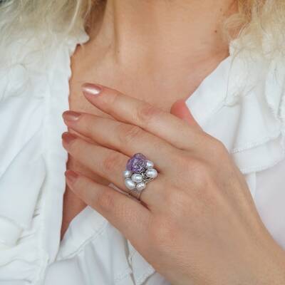 Vaoov Gümüş Kaplama Ametist ve İnci Yüzük - 4