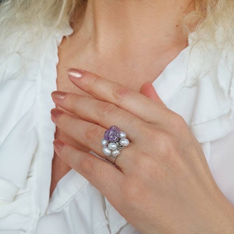 Vaoov Gümüş Kaplama Ametist ve İnci Yüzük - 4