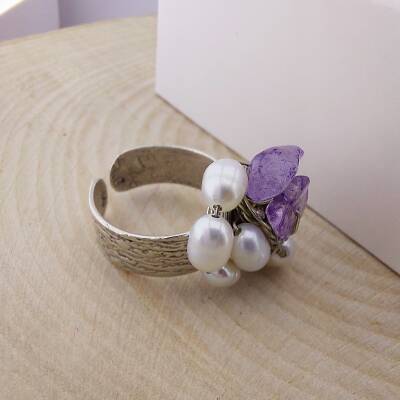 Vaoov Gümüş Kaplama Ametist ve İnci Yüzük - 5