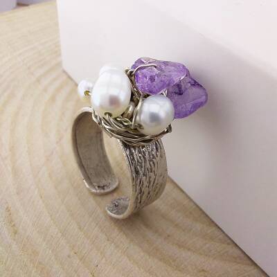Vaoov Gümüş Kaplama Ametist ve İnci Yüzük - 6