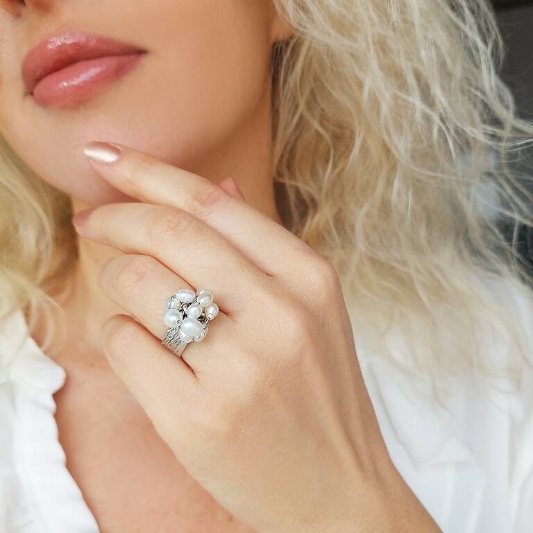 Vaoov Gümüş Kaplama İnci Yüzük - 1