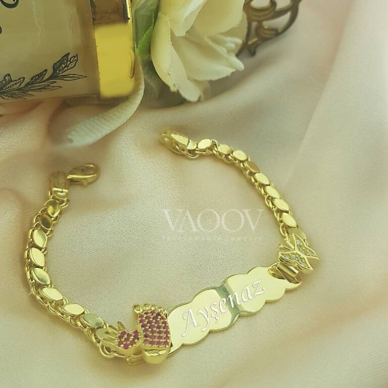 Vaoov Gümüş Kişiye Özel İsimli Kelebek Çocuk ve Bebek Bileklik   - 1