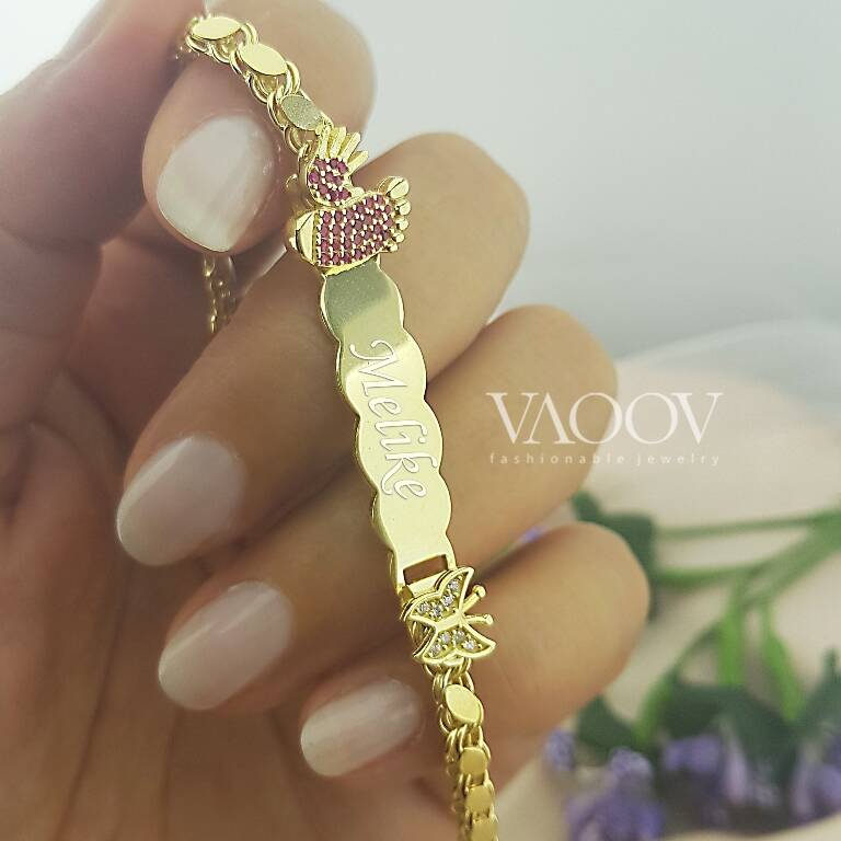 Vaoov Gümüş Kişiye Özel İsimli Kelebek Çocuk ve Bebek Bileklik   - 3